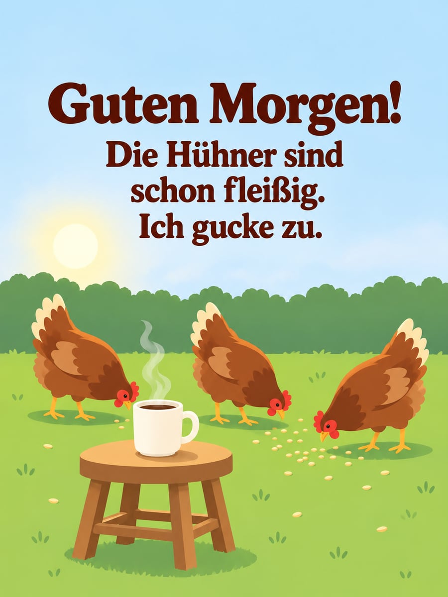 Guten Morgen lustig: drei braune Hühner picken fleißig im Hof, vorne ein leerer Holzhocker mit einem Becher Kaffee