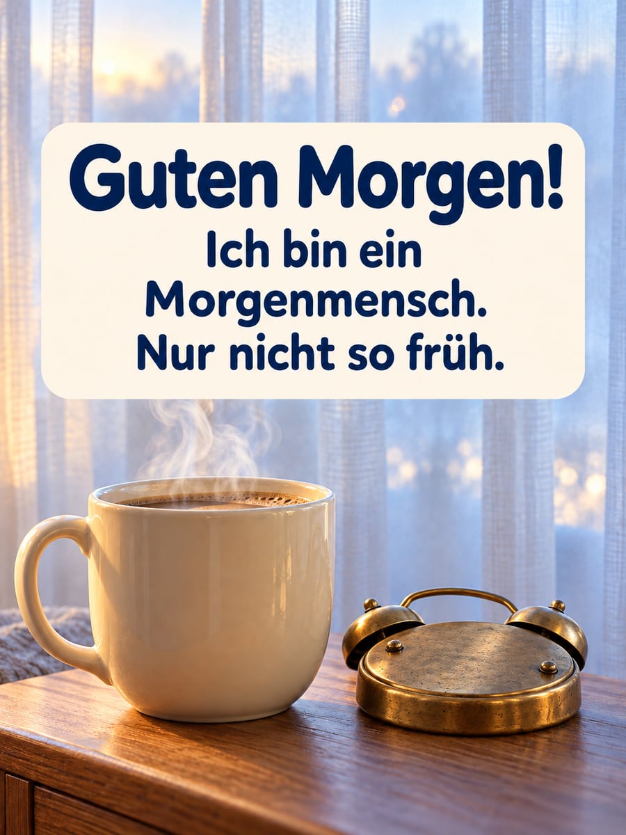 Guten Morgen lustig: großer Kaffeebecher auf dem Nachttisch, daneben ein umgedrehter Wecker, draußen wird es hell