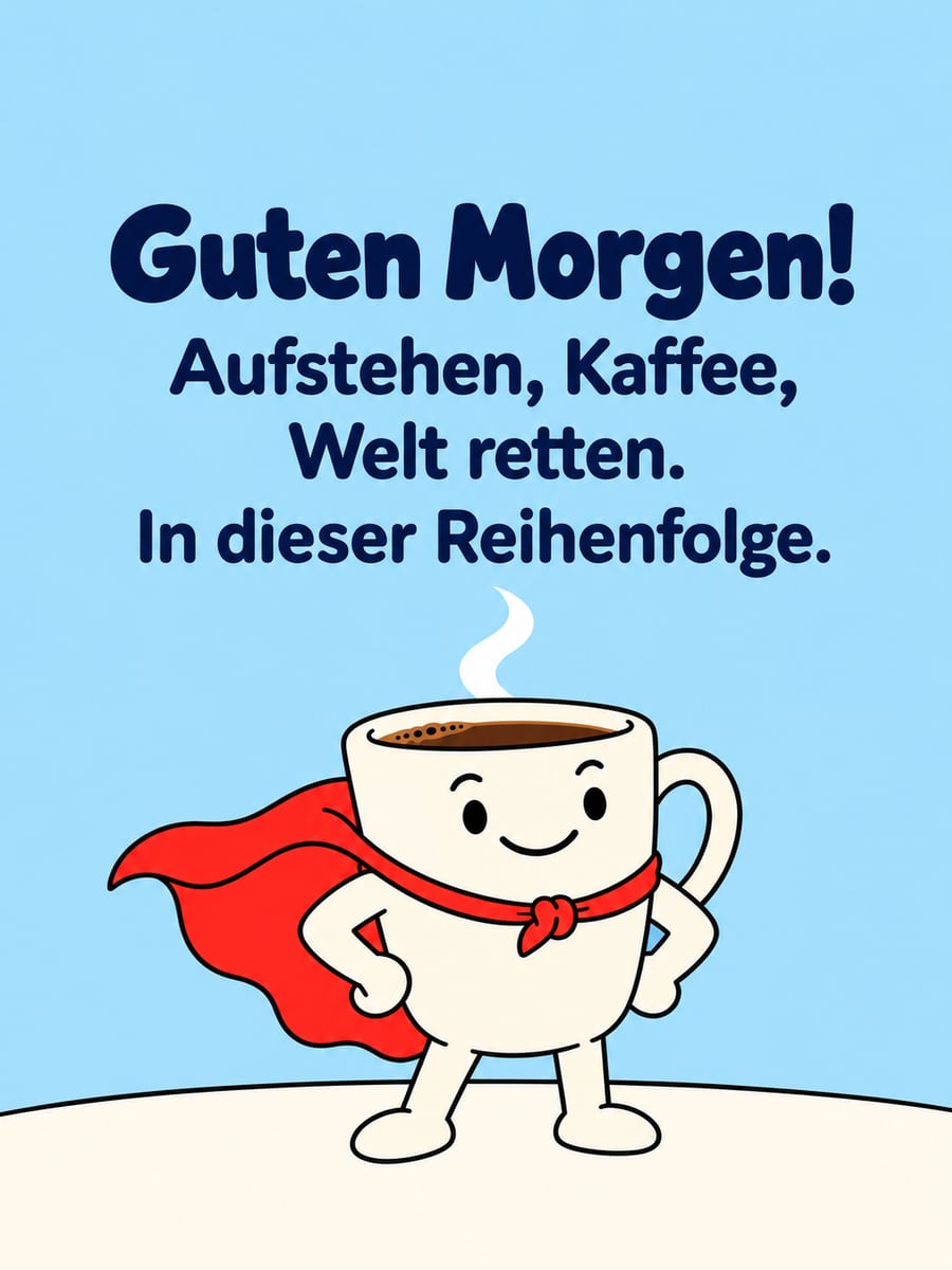 Guten Morgen lustig: fröhliche Kaffeetasse mit kleinem rotem Umhang steht stolz auf dem Küchentisch
