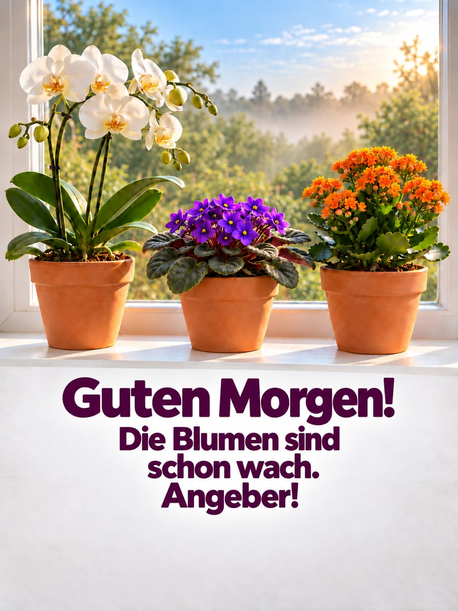 Guten Morgen lustig: weiße Orchidee, lila Usambaraveilchen und Kalanchoe in drei Töpfen auf der Fensterbank