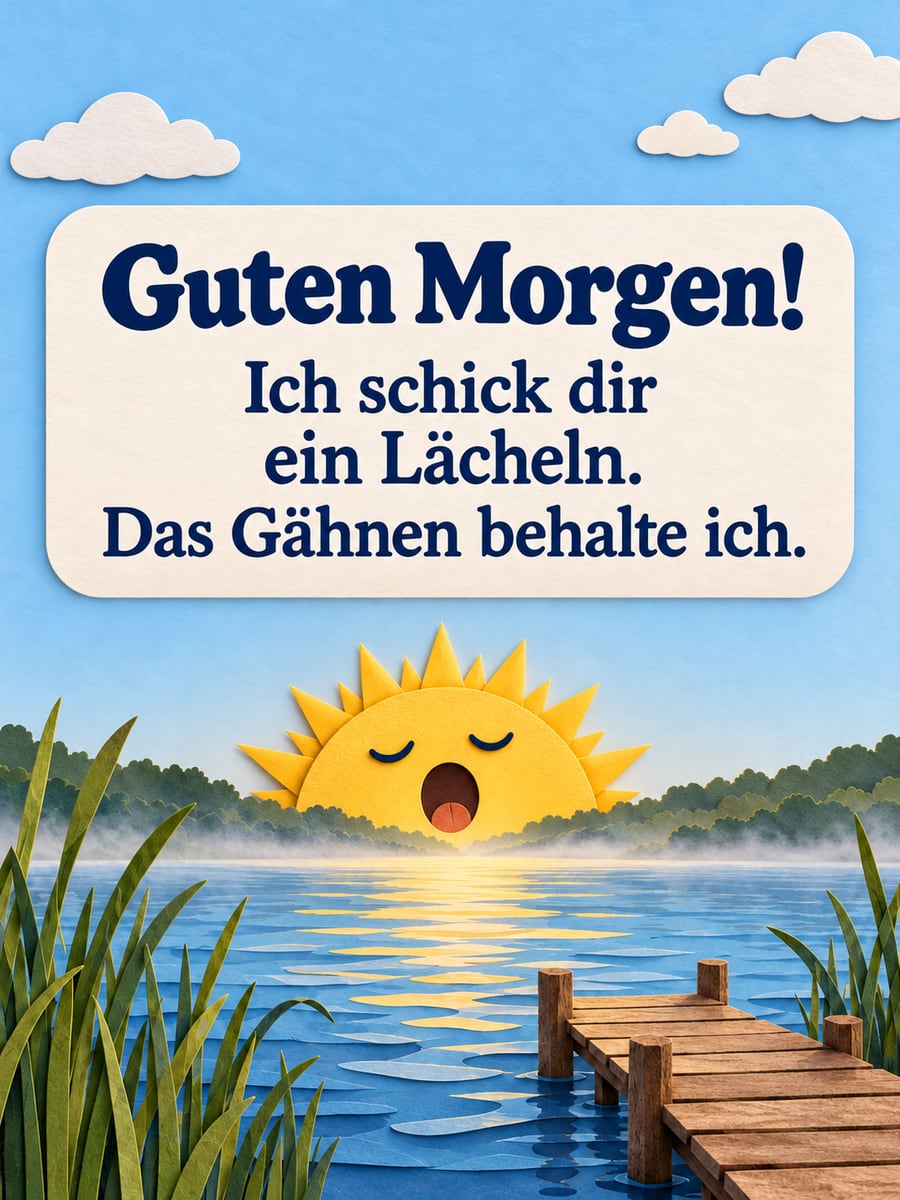 Guten Morgen lustig: gähnende Sonne aus Papier schaut über das Seeufer, davor Schilf und ein kleiner Steg