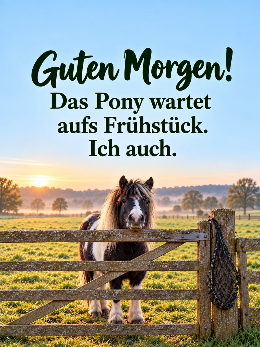Guten Morgen lustig: schwarz-weiß geschecktes Shetlandpony legt den Kopf aufs Koppeltor, daneben ein leeres Heunetz