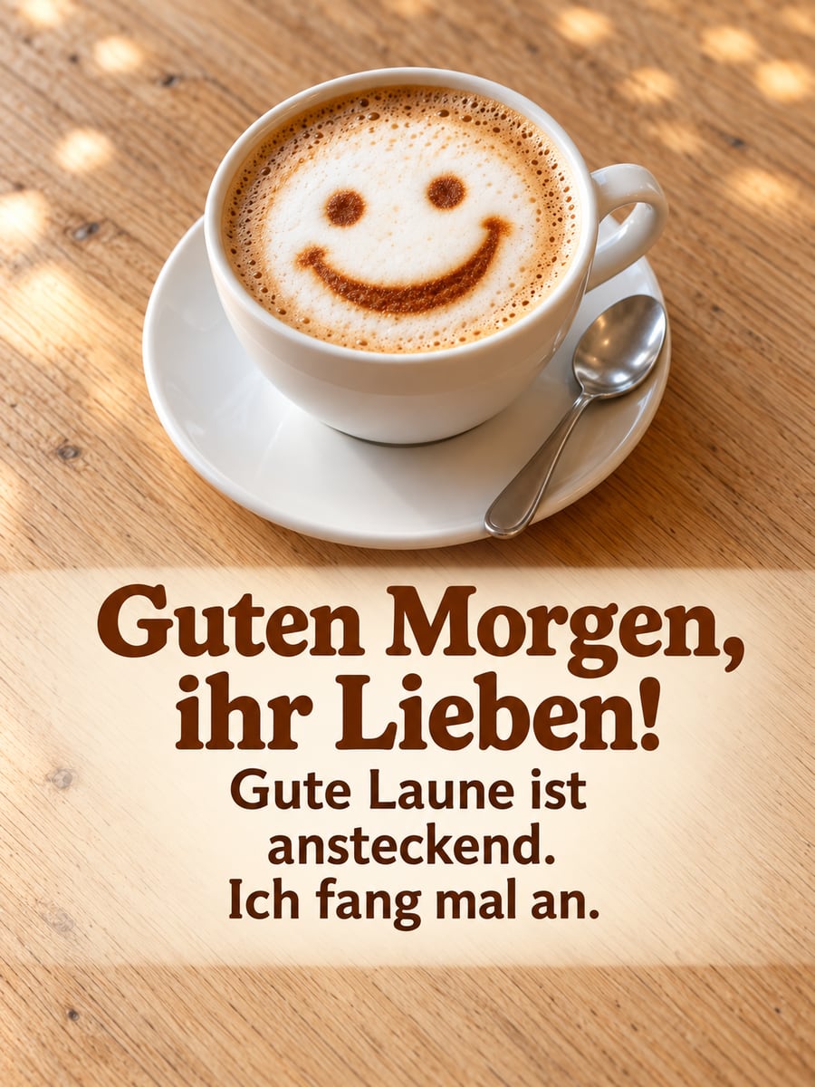 Guten Morgen lustig: Milchkaffee mit einem lachenden Gesicht im Milchschaum, daneben ein kleiner Löffel