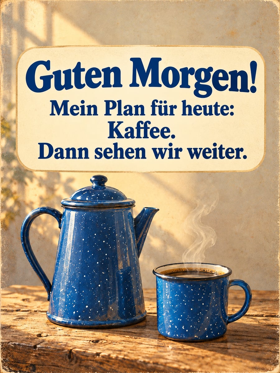 Guten Morgen lustig: blaue Emaille-Kaffeekanne mit weißen Sprenkeln und ein passender Becher mit heißem Kaffee