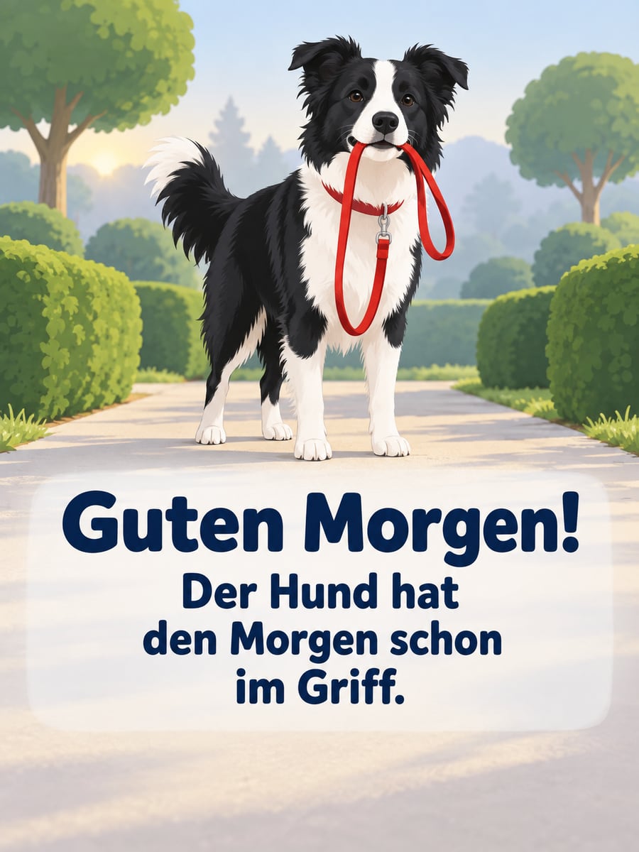 Guten Morgen lustig: Border Collie steht stolz auf dem Gartenweg und trägt die Schlaufe seiner roten Leine im Maul