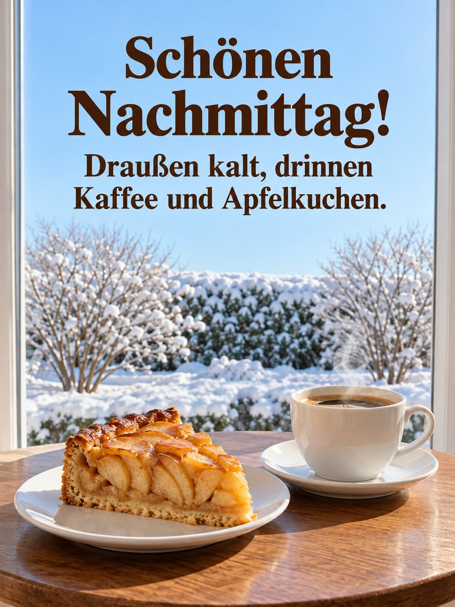 Schönen Nachmittag: Kaffee und ein Stück Apfelkuchen am Fenster, draußen liegt Schnee im Garten