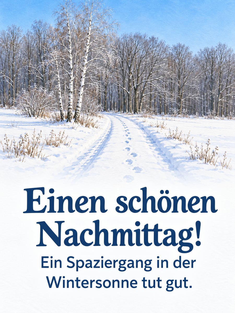 Schönen Nachmittag: verschneiter Feldweg mit Fußspuren zu kahlen Birken in der Wintersonne