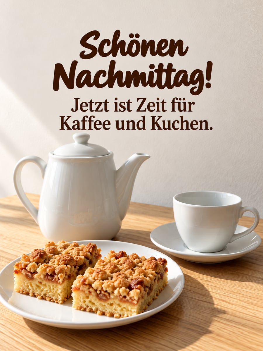 Schönen Nachmittag: Kaffeekanne und zwei Stücke Streuselkuchen auf einem hellen Holztisch im Sonnenlicht