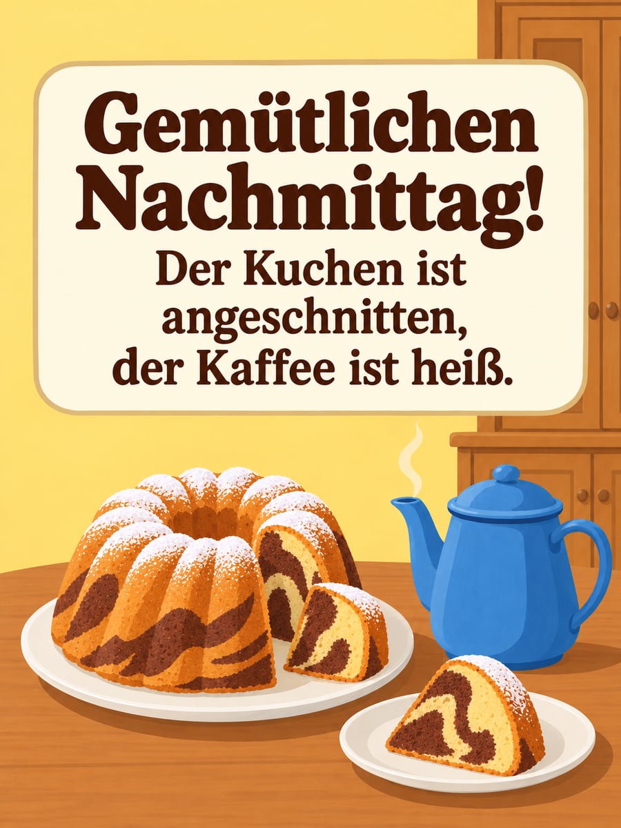 Schönen Nachmittag: angeschnittener Marmorgugelhupf mit Puderzucker und eine dampfende blaue Kaffeekanne