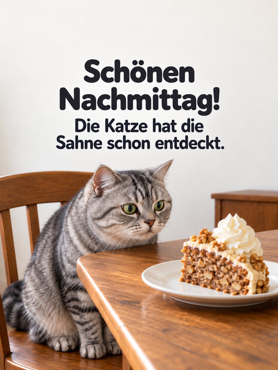 Schönen Nachmittag: graue Tigerkatze auf einem Stuhl schaut auf ein Stück Nusskuchen mit Sahne