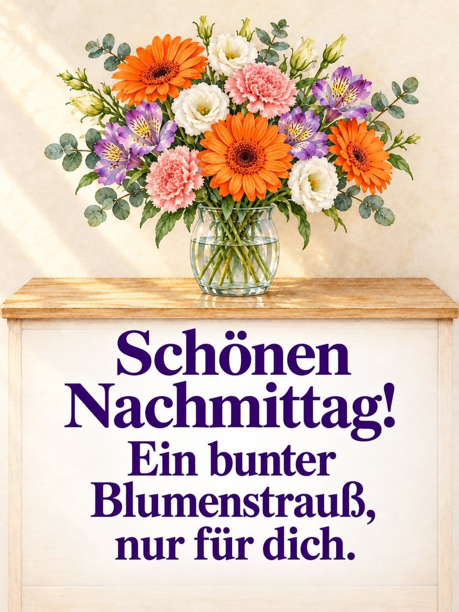 Schönen Nachmittag: bunter Strauß mit Gerbera, Nelken und Eukalyptus in einer Glasvase auf einer Kommode