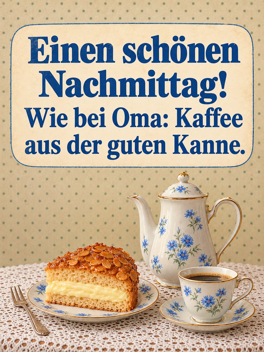 Schönen Nachmittag: Porzellankanne mit blauem Blumenmuster, Spitzendecke und ein Stück Bienenstich