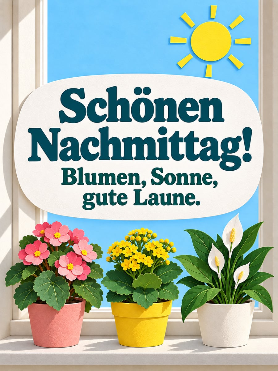 Schönen Nachmittag: drei Blumentöpfe mit Begonie, Kalanchoe und Einblatt auf der Fensterbank, dazu eine Papiersonne