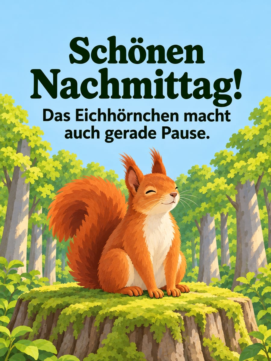 Schönen Nachmittag: rotes Eichhörnchen ruht mit buschigem Schwanz auf einem moosigen Baumstumpf