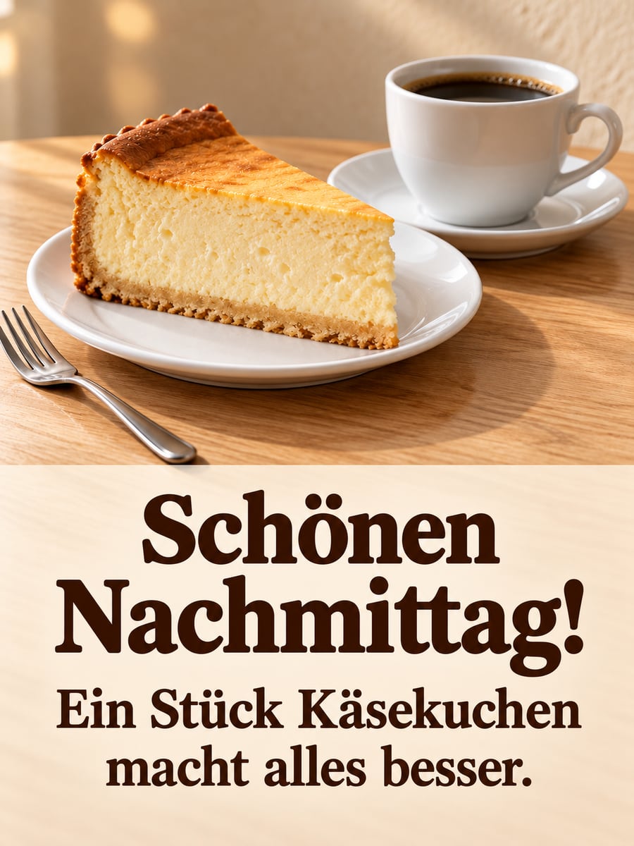 Schönen Nachmittag: ein großes Stück Käsekuchen auf einem weißen Teller und eine Tasse schwarzer Kaffee