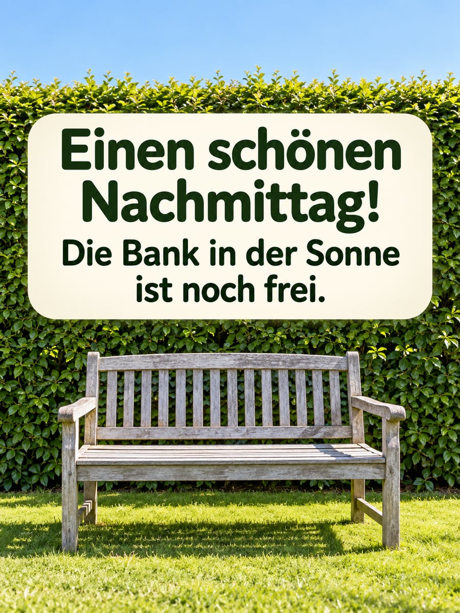 Schönen Nachmittag: leere alte Holzbank in der Sonne auf einem kleinen Rasen vor einer hohen Buchenhecke