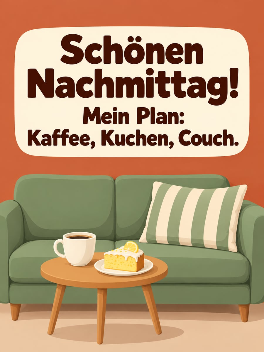 Schönen Nachmittag: Sofa mit weichem Kissen, davor Kaffee und Zitronenkuchen auf einem kleinen Beistelltisch