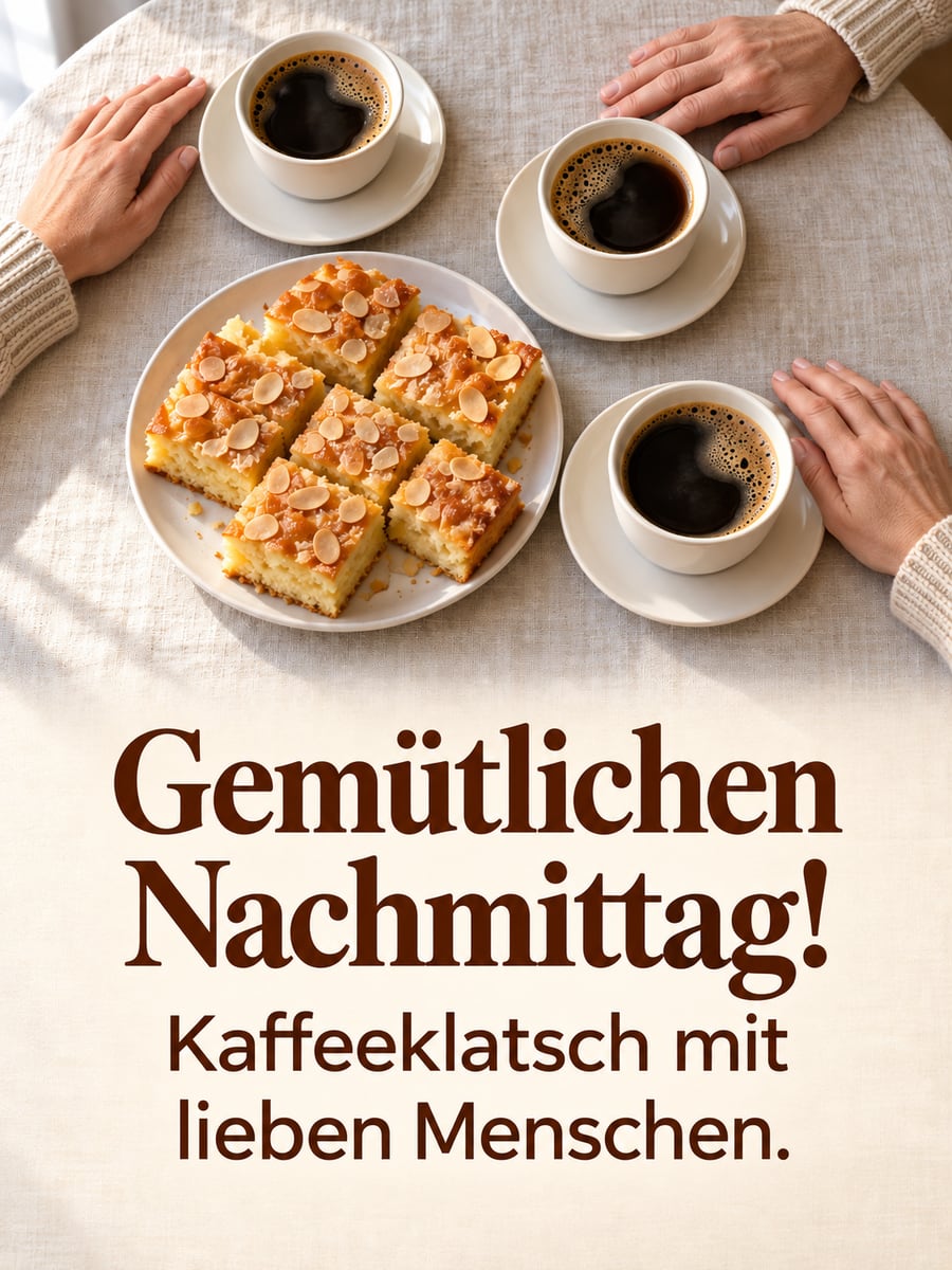 Schönen Nachmittag: drei Tassen Kaffee und ein Teller Butterkuchen auf dem Tisch, von oben gesehen