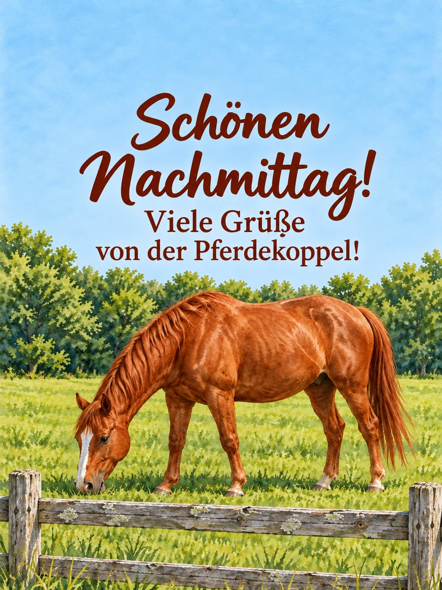 Schönen Nachmittag: grasendes fuchsrotes Pferd auf einer sonnigen Koppel hinter einem alten Holzzaun