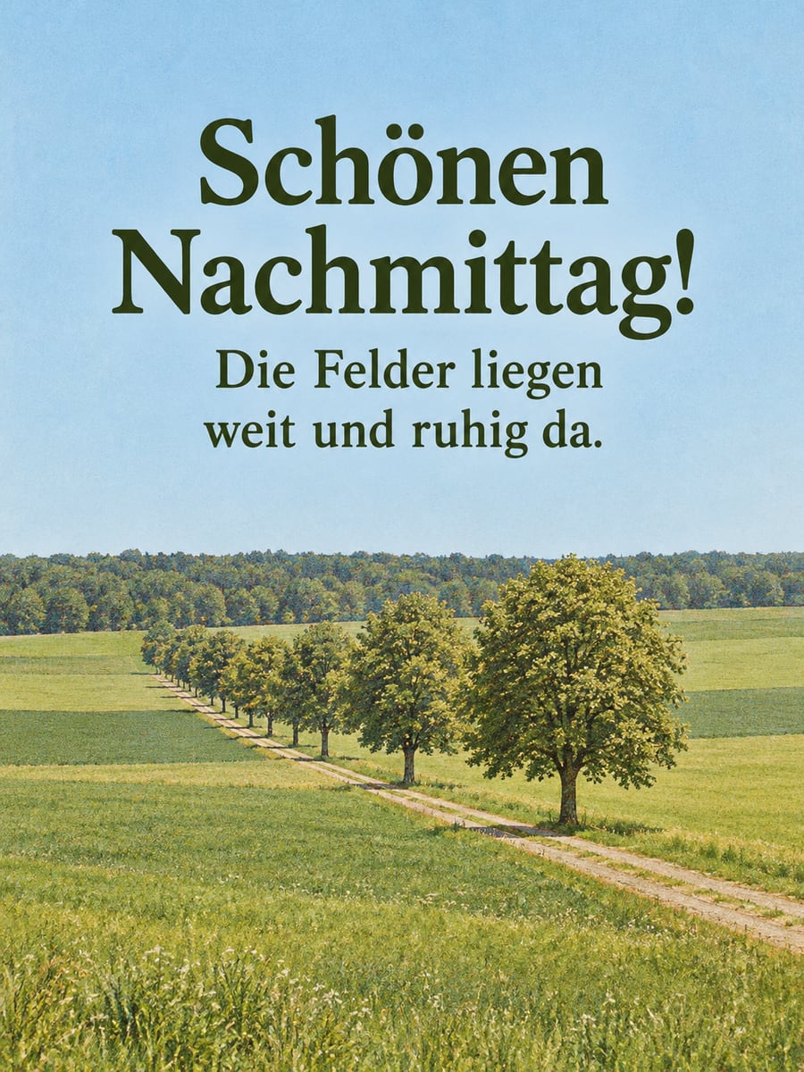 Schönen Nachmittag: weite grüne Felder mit einem Feldweg und einer Reihe Linden unter blauem Himmel
