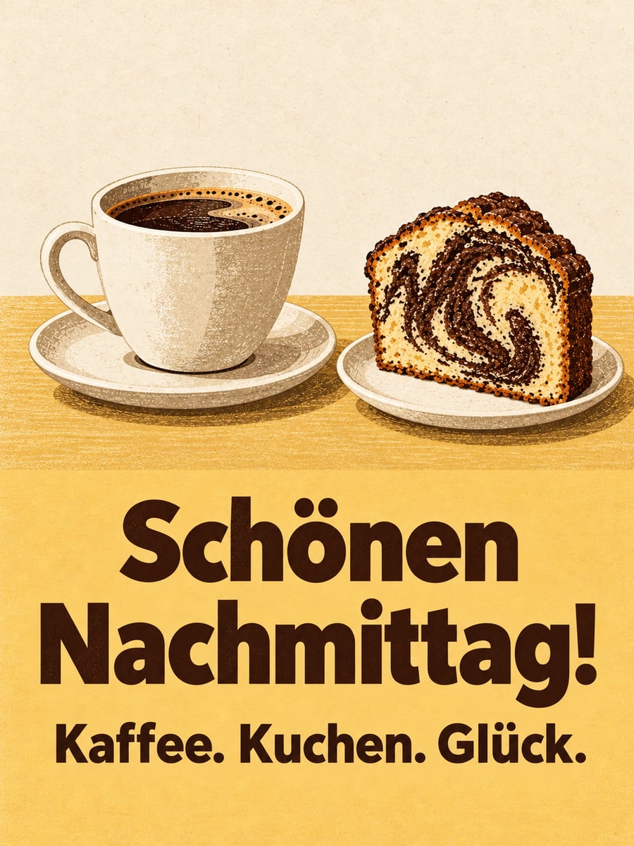 Schönen Nachmittag: schlichter Linoldruck mit einer Tasse Kaffee und einem Stück Marmorkuchen