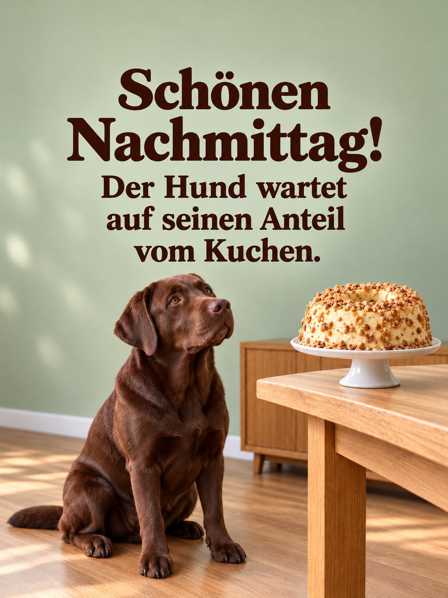 Schönen Nachmittag: brauner Labrador sitzt brav neben dem Kaffeetisch und schaut zum Kuchen hoch