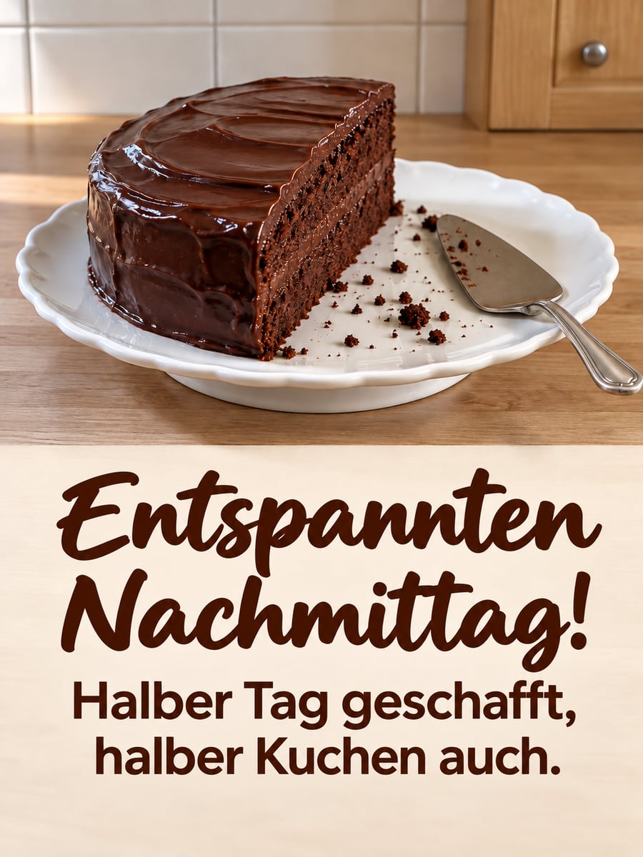 Schönen Nachmittag: halber Schokoladenkuchen mit Glasur und ein Tortenheber auf einem weißen Kuchenteller
