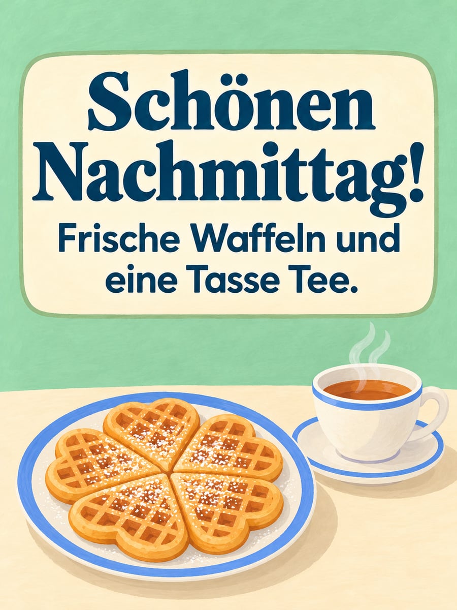 Schönen Nachmittag: frische Herzwaffeln mit Puderzucker auf einem Teller und eine Tasse Tee