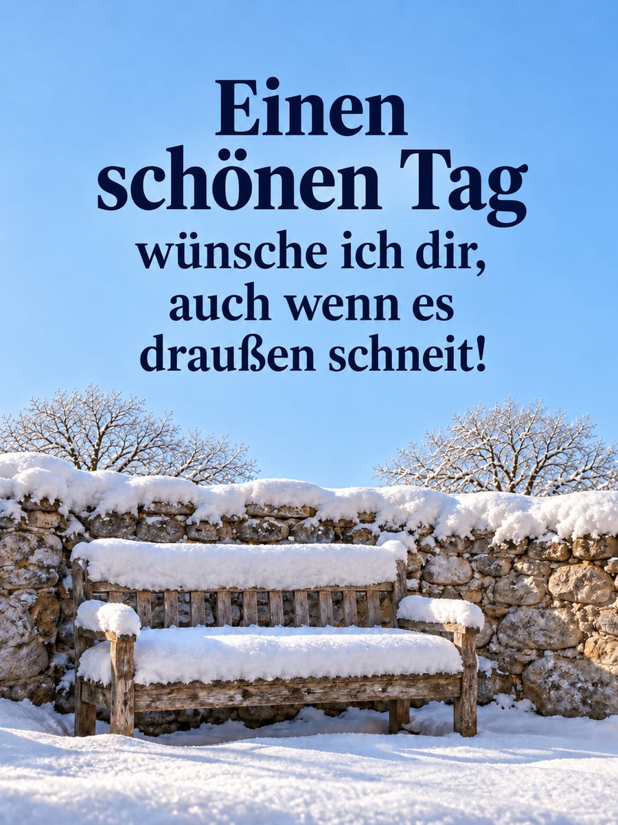 Schönen Tag: verschneiter Innenhof mit einer alten Holzbank vor einer Natursteinmauer im Sonnenschein