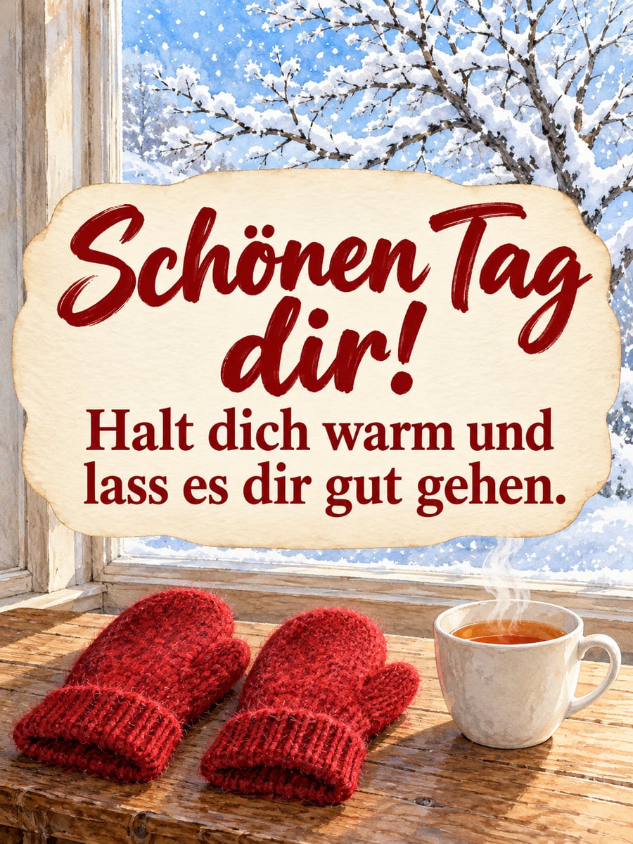 Schönen Tag: rote Fäustlinge und eine dampfende Tasse Tee auf dem Holztisch am Fenster, draußen schneit es