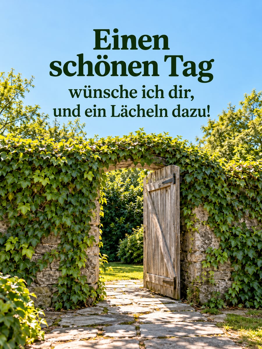 Schönen Tag: halb offenes Holztor in einer efeubewachsenen Mauer mit Plattenweg im Sonnenschein