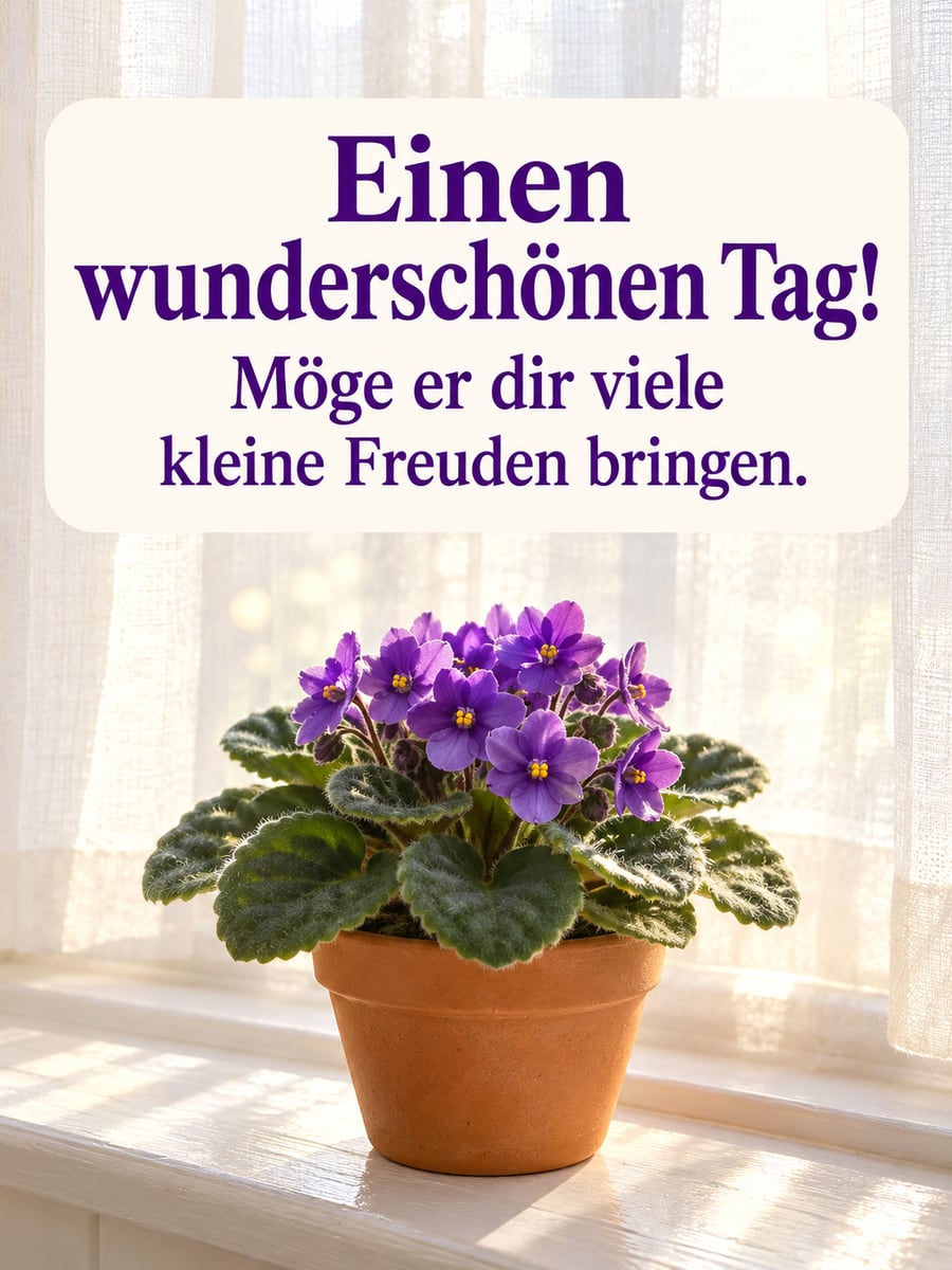 Schönen Tag: blühendes Usambaraveilchen im Terrakottatopf auf einer sonnigen Fensterbank vor weißem Vorhang