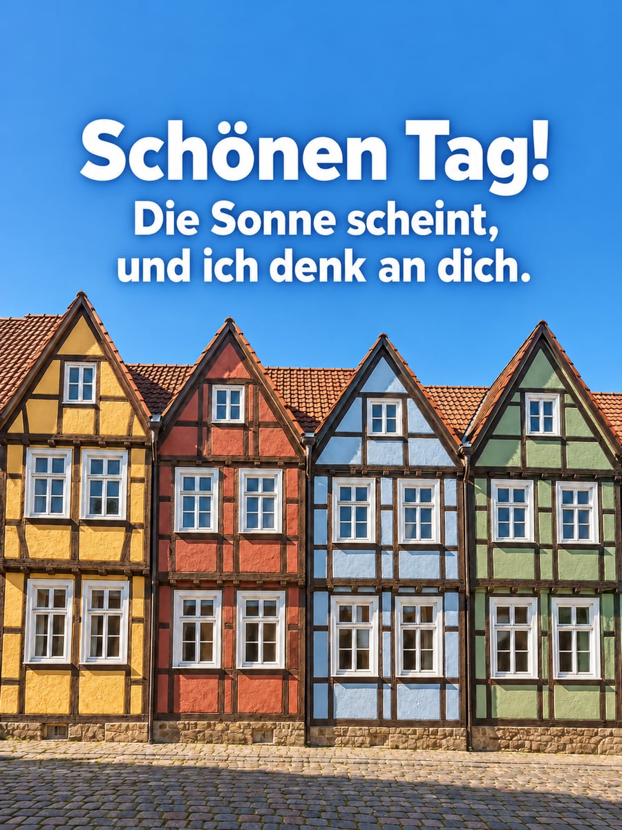 Schönen Tag: Reihe bunter Fachwerkhäuser an einer Altstadtgasse unter blauem Himmel im Sonnenschein