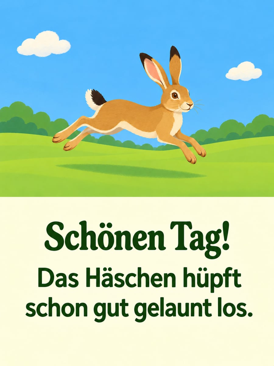 Schönen Tag: junger Feldhase springt fröhlich über eine grüne Wiese unter blauem Himmel, im Bilderbuchstil