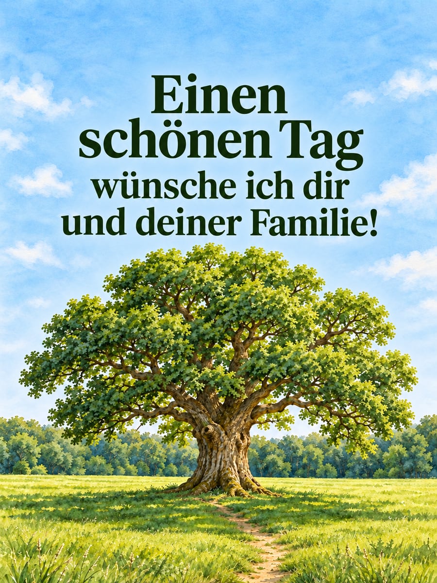 Schönen Tag: mächtige alte Eiche allein auf einer grünen Wiese unter blauem Himmel, als Aquarell gemalt
