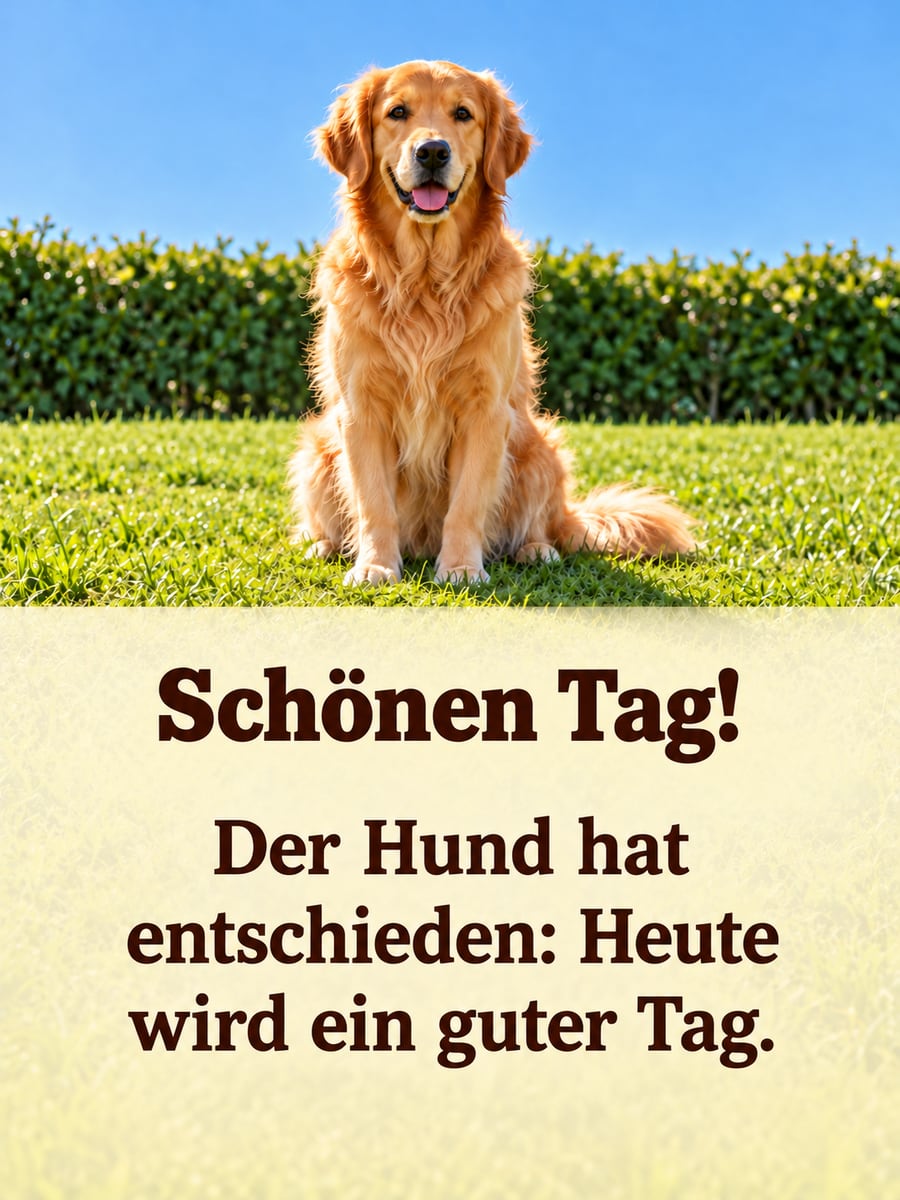 Schönen Tag: Golden Retriever sitzt entschlossen auf einer sonnigen Wiese und zeigt die Zungenspitze
