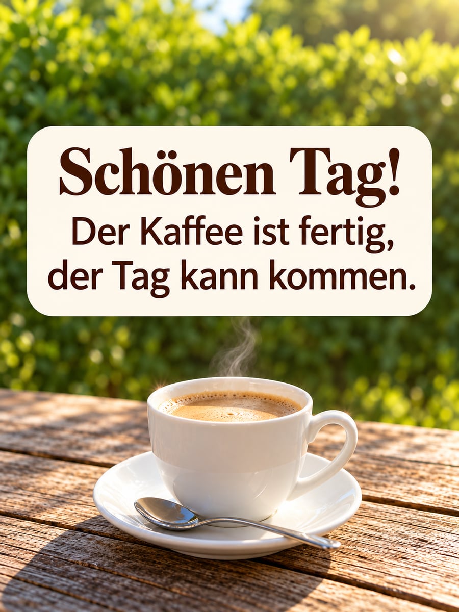 Schönen Tag: Tasse frischer Kaffee mit Crema auf einem sonnigen Holztisch im Garten, im Gegenlicht