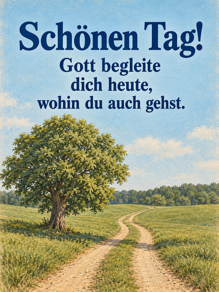 Schönen Tag: Feldweg durch grüne Wiesen mit einer alten Linde am Wegrand, im Stil einer alten Postkarte