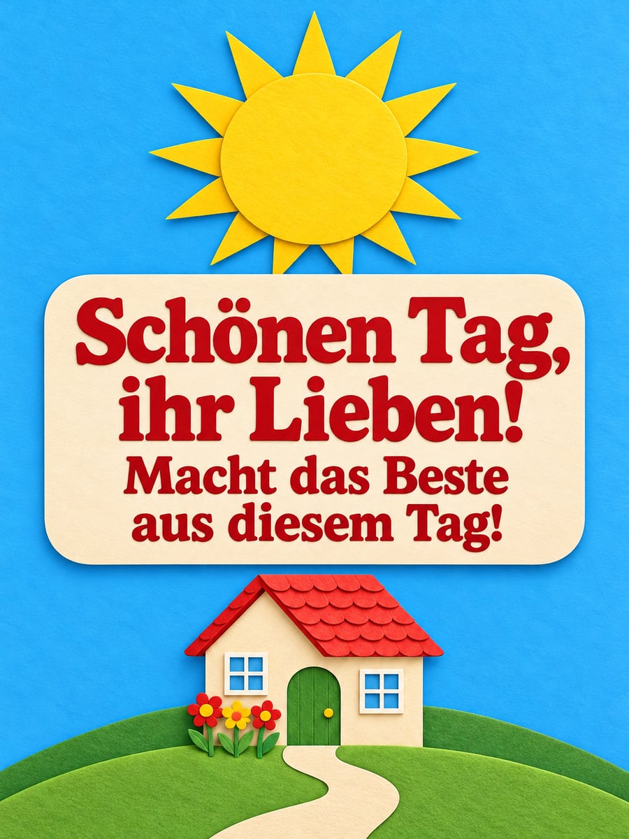 Schönen Tag: Scherenschnitt mit kleinem Haus mit rotem Dach, großer Sonne und drei Papierblumen an der Tür