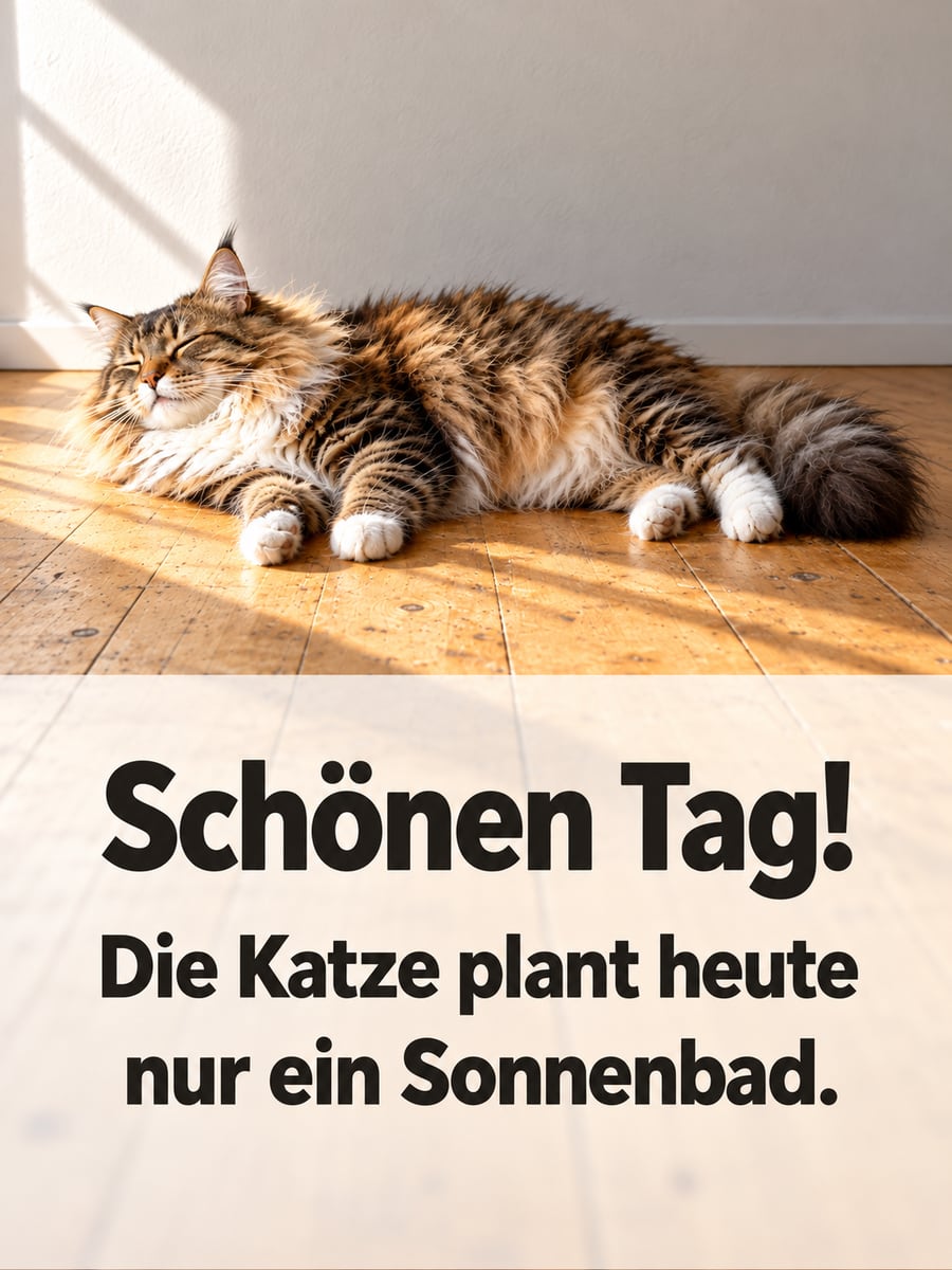 Schönen Tag: Norwegische Waldkatze liegt ausgestreckt im Sonnenfleck auf alten Holzdielen und genießt die Wärme