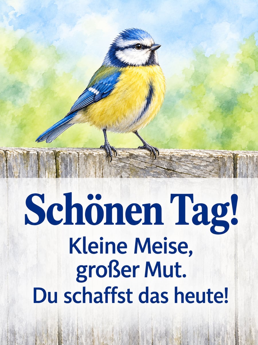 Schönen Tag: Blaumeise steht mit stolz geschwellter Brust auf einem alten Holzzaun, als Aquarell gemalt