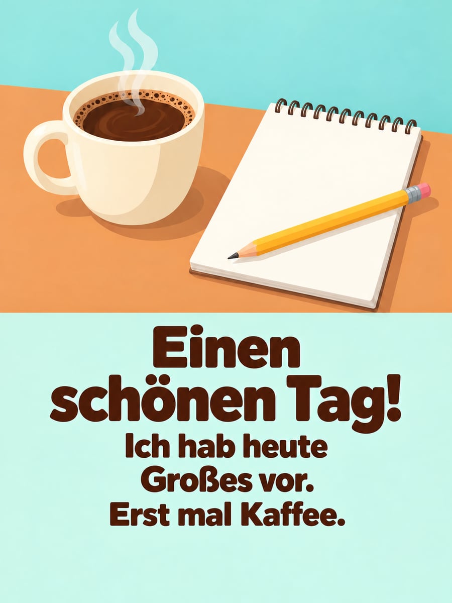 Schönen Tag: große Kaffeetasse neben einem leeren Notizblock mit Bleistift auf dem Schreibtisch, im Bilderbuchstil