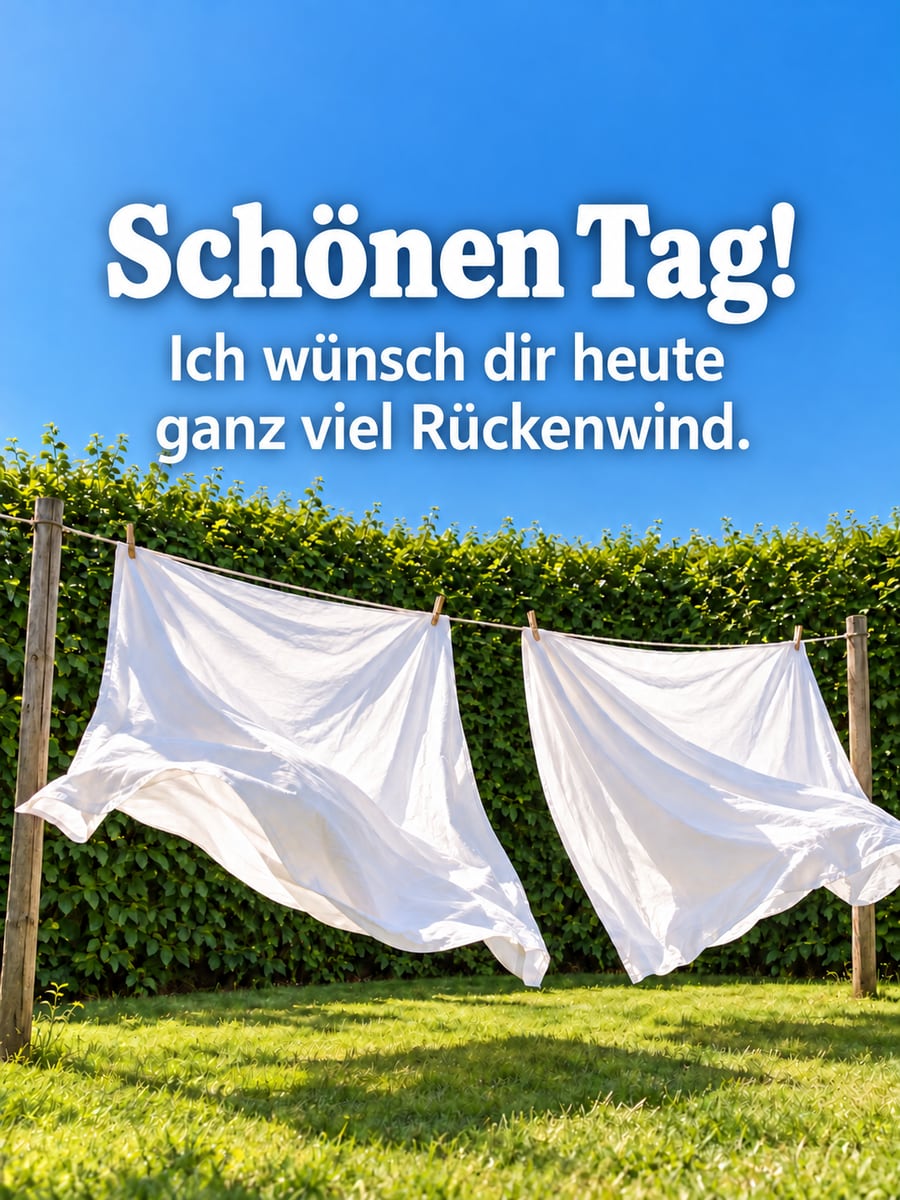 Schönen Tag: weiße Bettlaken flattern im Wind an einer Wäscheleine vor einer grünen Hecke unter blauem Himmel