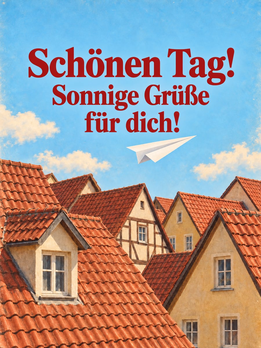 Schönen Tag: weißer Papierflieger gleitet über die roten Ziegeldächer einer kleinen Altstadt, im Postkartenstil