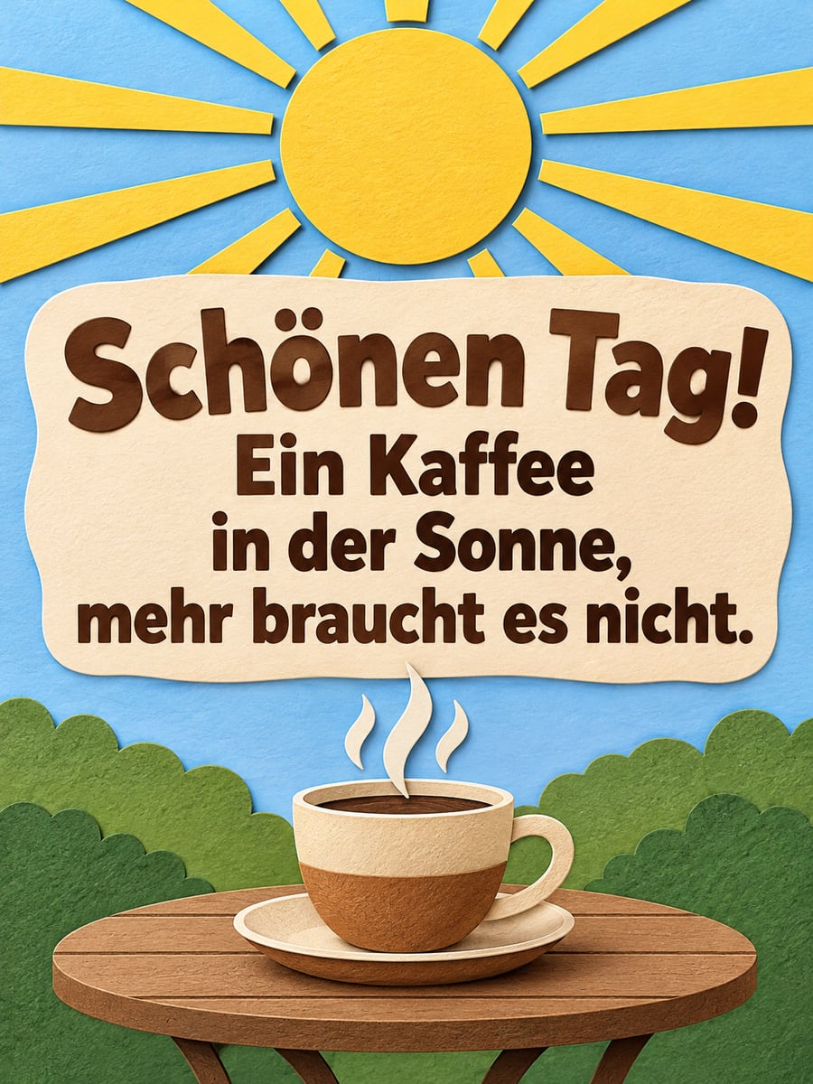 Schönen Tag: Scherenschnitt mit großer Kaffeetasse auf einem kleinen Gartentisch unter einer runden Papiersonne