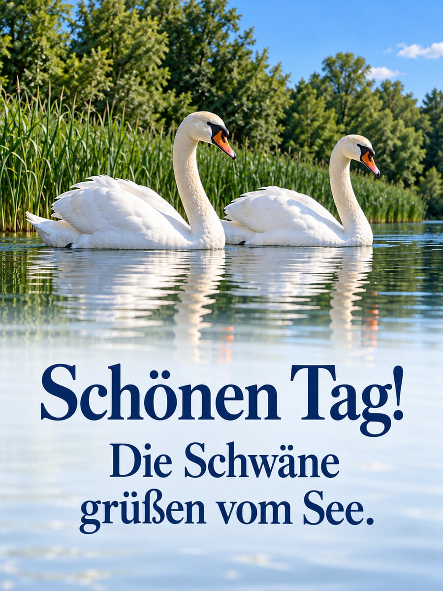Schönen Tag: zwei Höckerschwäne gleiten Seite an Seite über einen stillen See vor grünem Schilf
