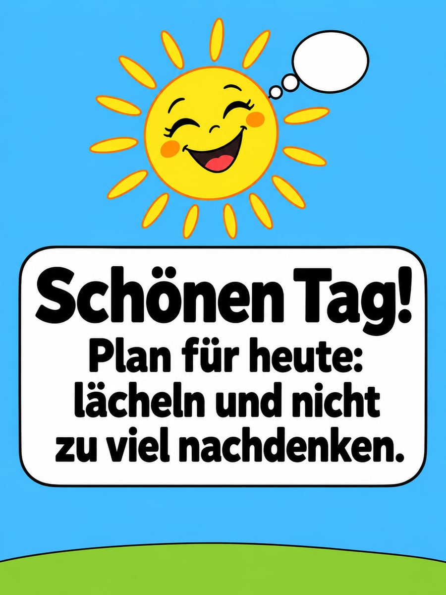 Schönen Tag: Cartoon einer grinsenden Sonne mit geschlossenen Augen und einer leeren Gedankenblase