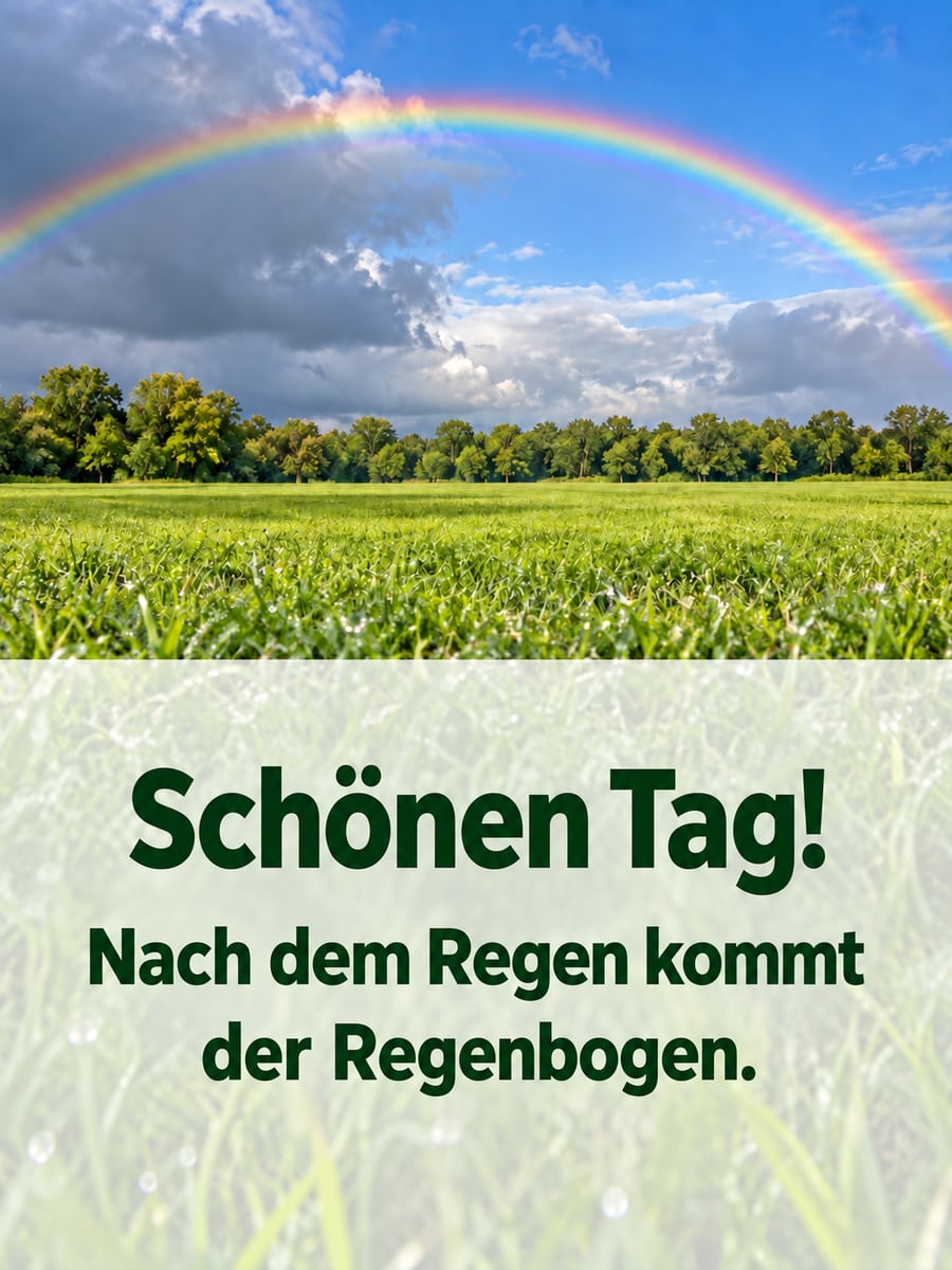 Schönen Tag: Regenbogen über einer nassen grünen Wiese nach einem Schauer, dahinter ziehen die Regenwolken ab