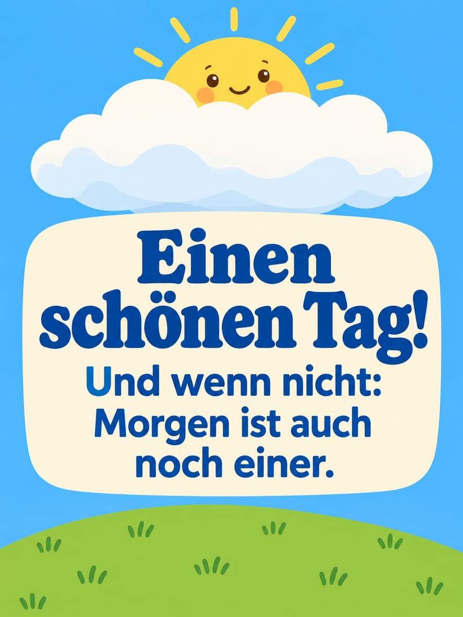 Schönen Tag: Sonne lugt lächelnd hinter einer dicken weißen Wolke über einem grünen Hügel hervor, im Bilderbuchstil