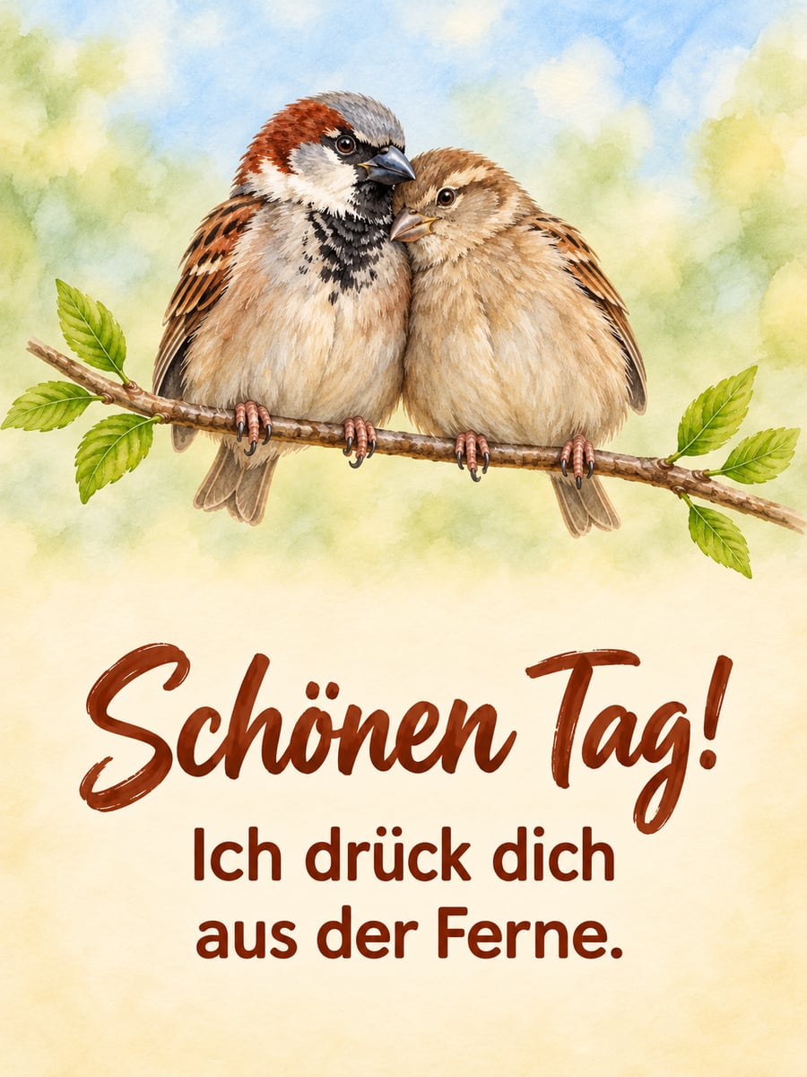 Schönen Tag: zwei Haussperlinge sitzen eng aneinandergekuschelt auf einem Zweig mit grünen Blättern, als Aquarell gemalt
